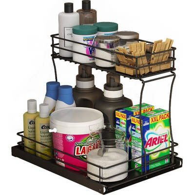 Kitchen Saving Space Rack Under Sink Storage Sliding Shelf Two Tier Stackable Organizer