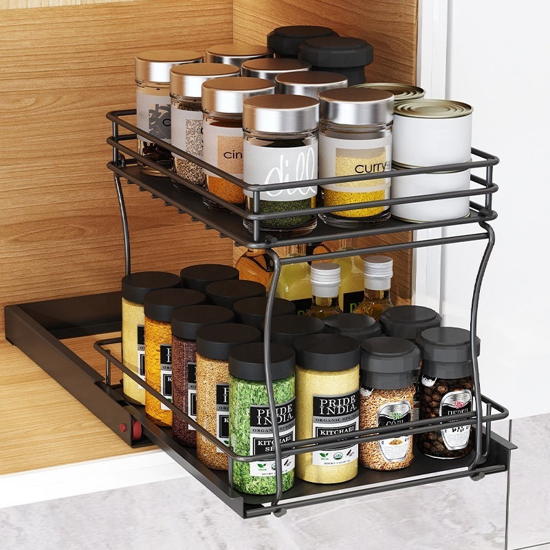 Kitchen Saving Space Rack Under Sink Storage Sliding Shelf Two Tier Stackable Organizer