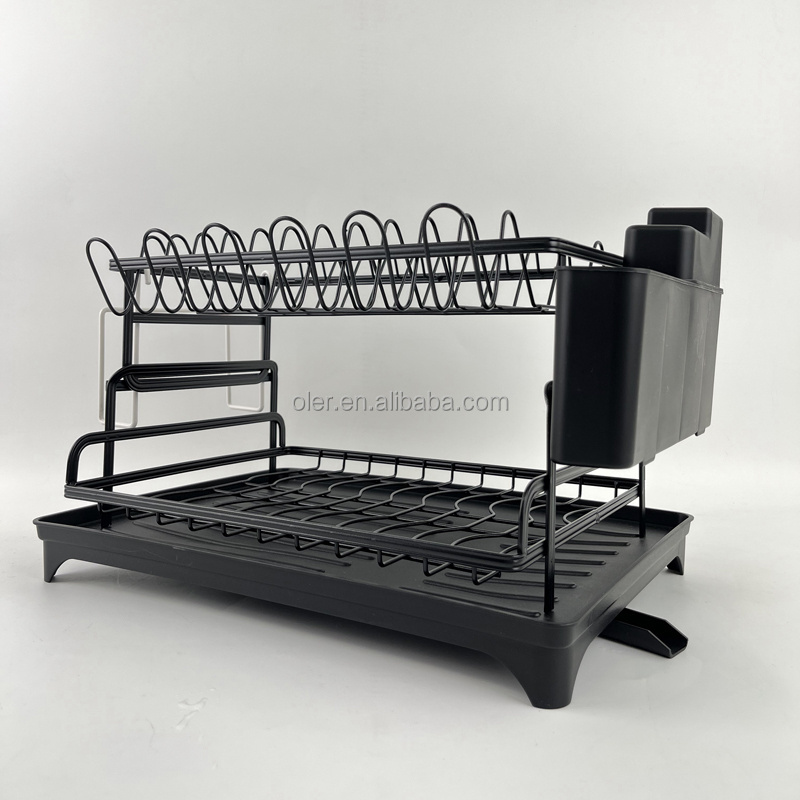 2024 Newest Household 2 Tier Rustproof Dish Drying Rack with Cup Storage Holders for Kitchen