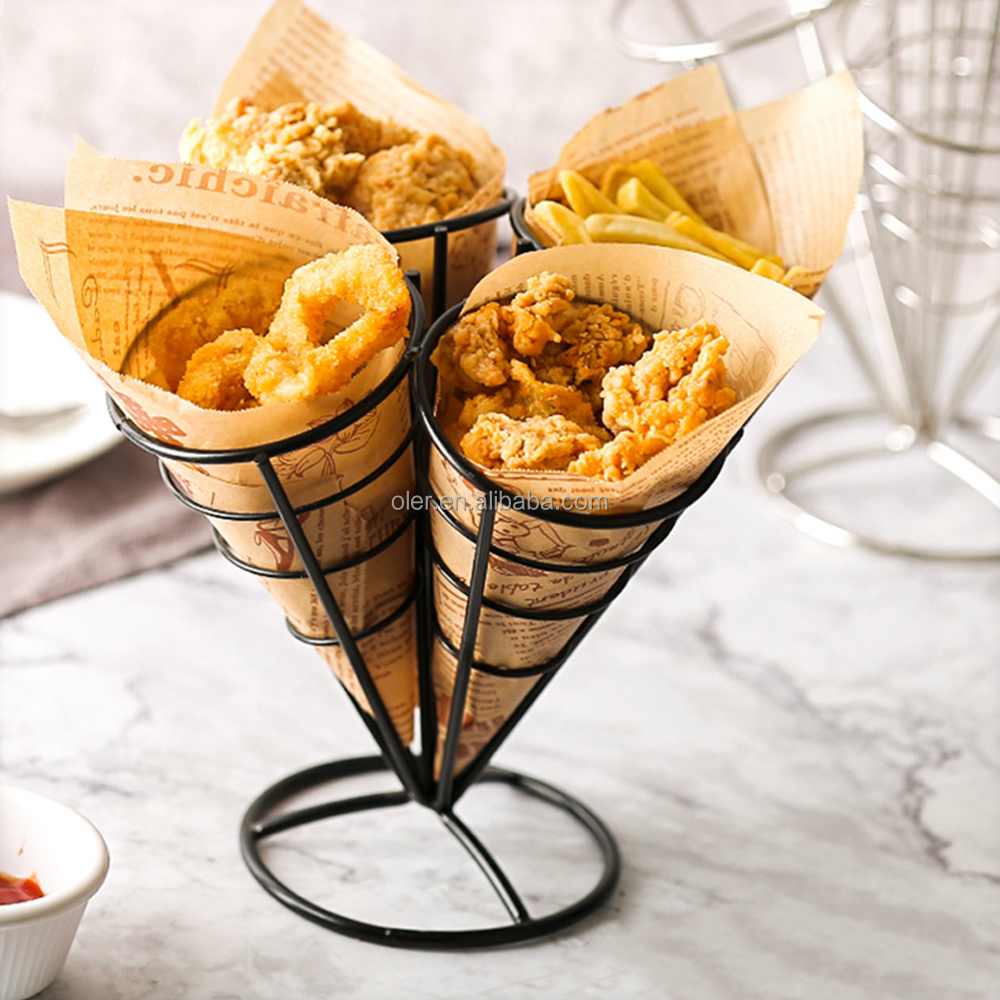 French Fries Food Wire Metal Black Chip Basket French Fry Snack Potato Chip Cone Holders