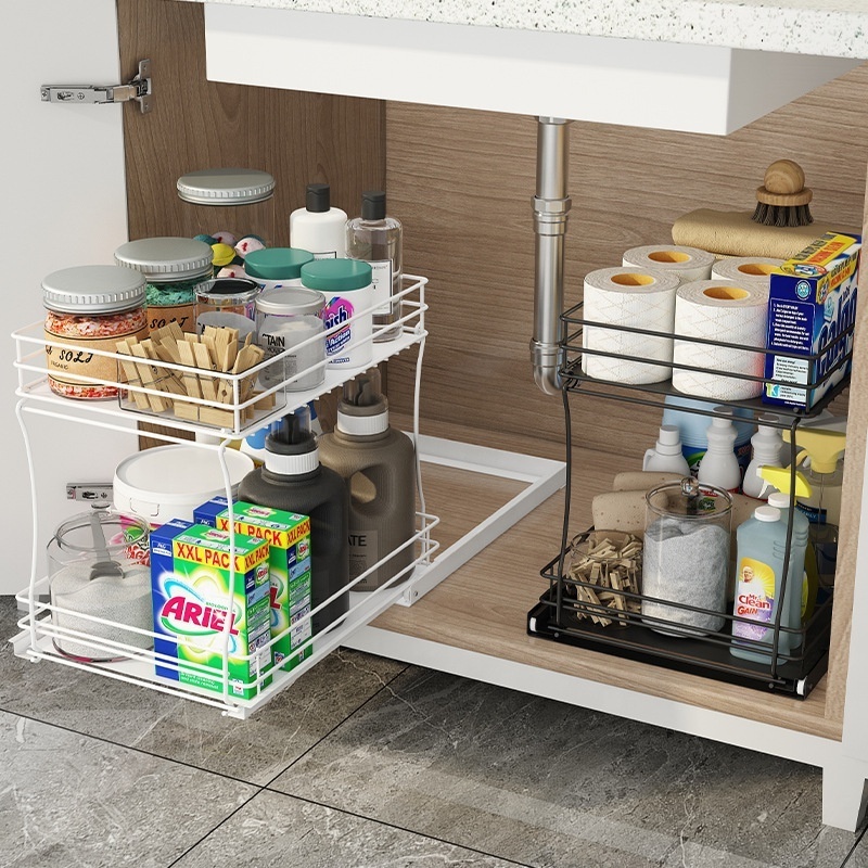 Kitchen Saving Space Rack Under Sink Storage Sliding Shelf Two Tier Stackable Organizer