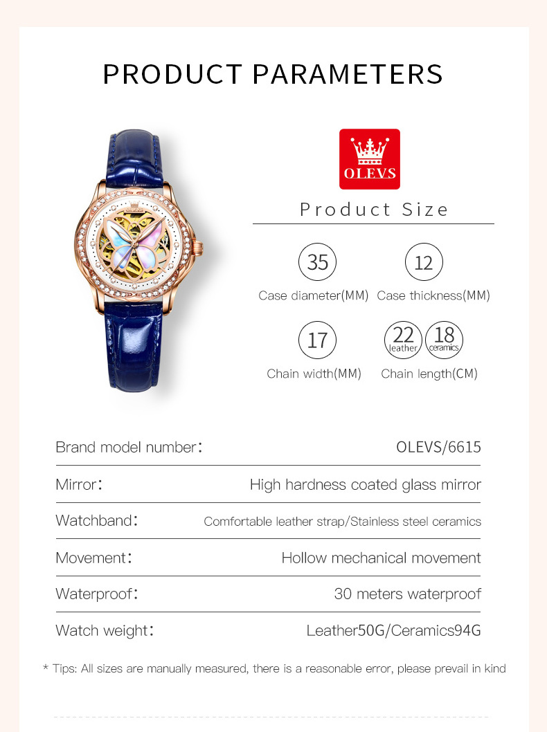 OLEVS 6615 Classic Mechanical  butterfly Dial Round Wristwatches Waterproof Leather Strap Ladies Bracelet Blue mechanical Watch