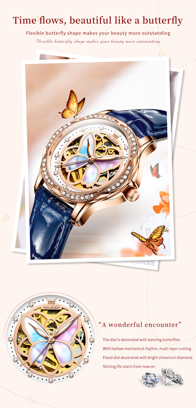 OLEVS 6615 Classic Mechanical  butterfly Dial Round Wristwatches Waterproof Leather Strap Ladies Bracelet Blue mechanical Watch