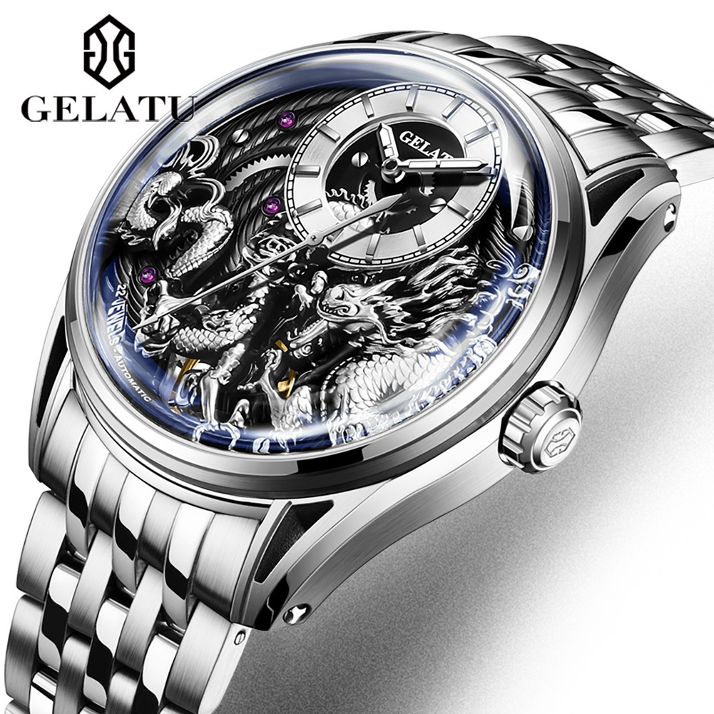 GELATU 6018 Lucky Harvey Dragon Watch Men Luxury Unique Stainless Steel Hollow Out Automatic Mechanical Wrist Watches