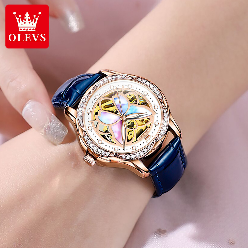 OLEVS 6615 Classic Mechanical  butterfly Dial Round Wristwatches Waterproof Leather Strap Ladies Bracelet Blue mechanical Watch