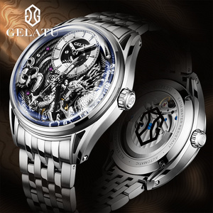 GELATU 6018 Lucky Harvey Dragon Watch Men Luxury Unique Stainless Steel Hollow Out Automatic Mechanical Wrist Watches