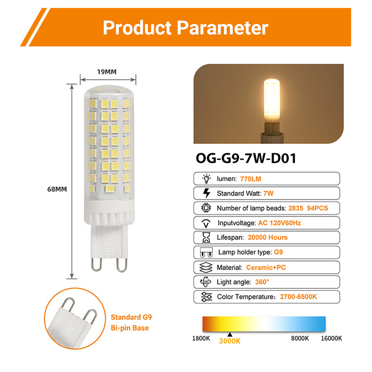 OEM/ODM High Efficiency Flicker-Free G9 Led Bulb AC120V Energy Conservation Dimmable 7W Ultra Bright 6500K Hotels Auto PC