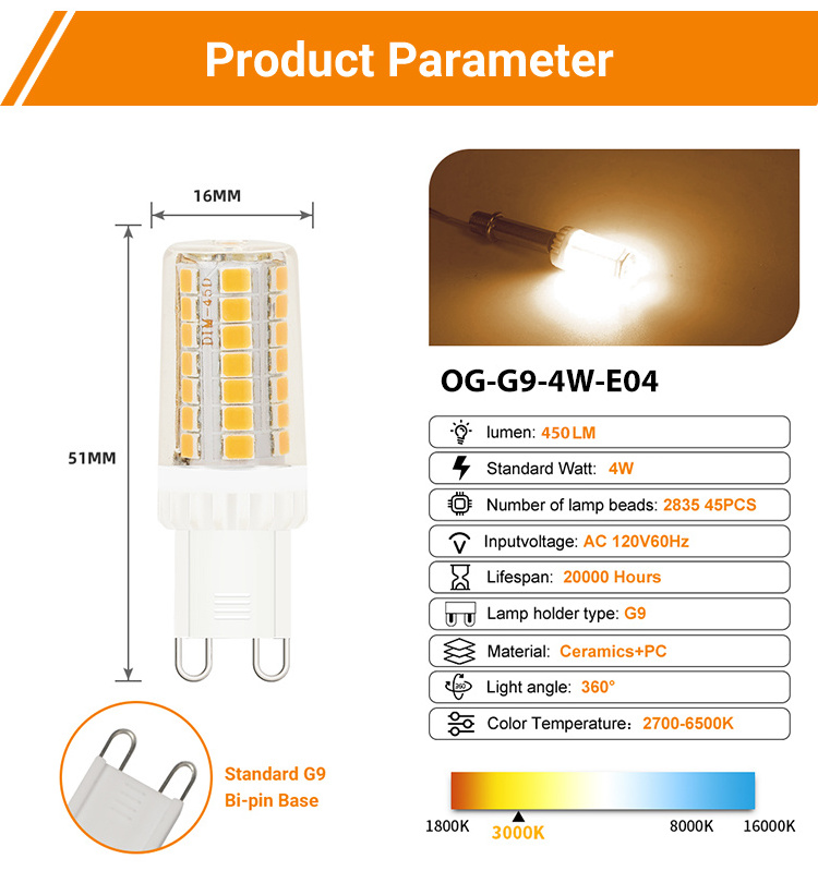 OEM/ODM G9 Led Bulb No Flicker 4w (equivalent To 40w Halogen  Bulb), Warm White 3000k, 110v-130v