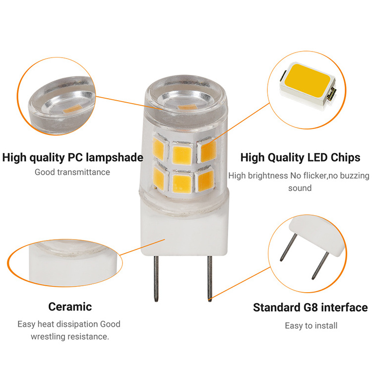 High Quality G8 LED Bulbs 2W 200lm Dimmable with No Flicker AC120V Direct from Supplier