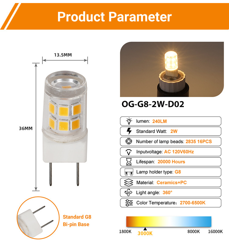 High Quality G8 LED Bulbs 2W 200lm Dimmable with No Flicker AC120V Direct from Supplier