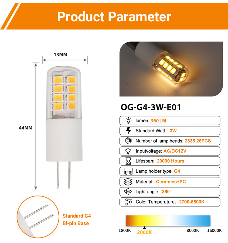 G4 Led Bulb Manufacturer 12v 3w 360lm No Flicker Positive White Light 6500k Warm White Light 3000k Lamp