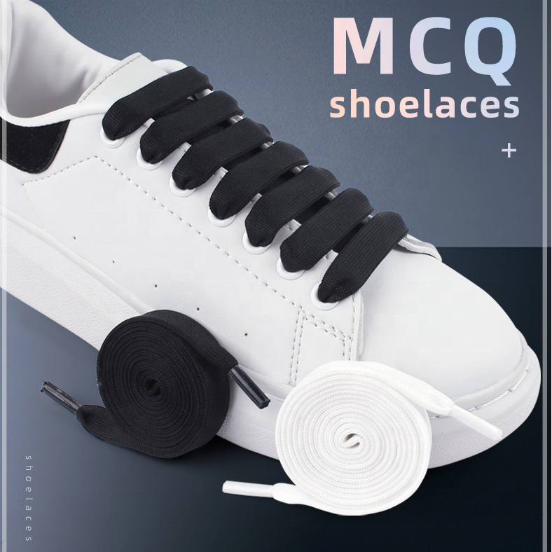 Wholesale Hot Sale MCQUEENES Same Style 1.2cm Wide Shoelaces Black and White Canvas Shoe Laces