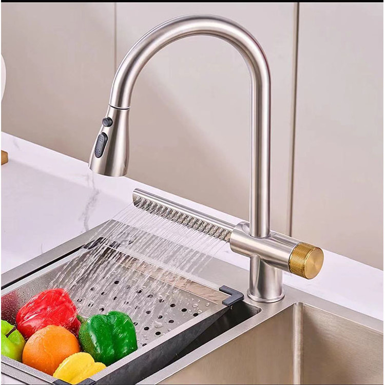 360 Degree Gun Metal Silver Black Waterfall Stainless Steel Pull Out Spray Kitchen Sink Faucet