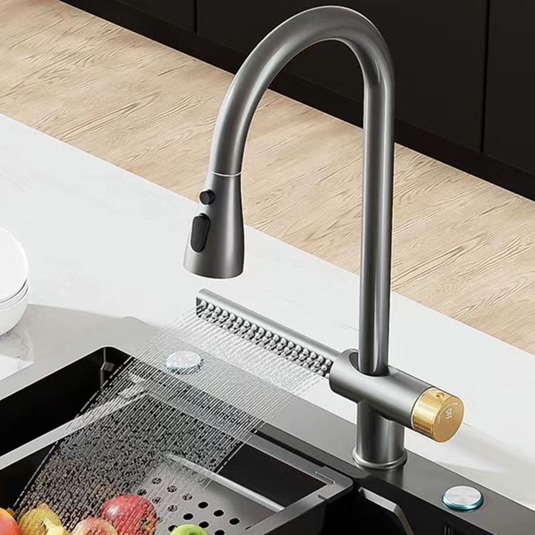 360 Degree Gun Metal Silver Black Waterfall Stainless Steel Pull Out Spray Kitchen Sink Faucet