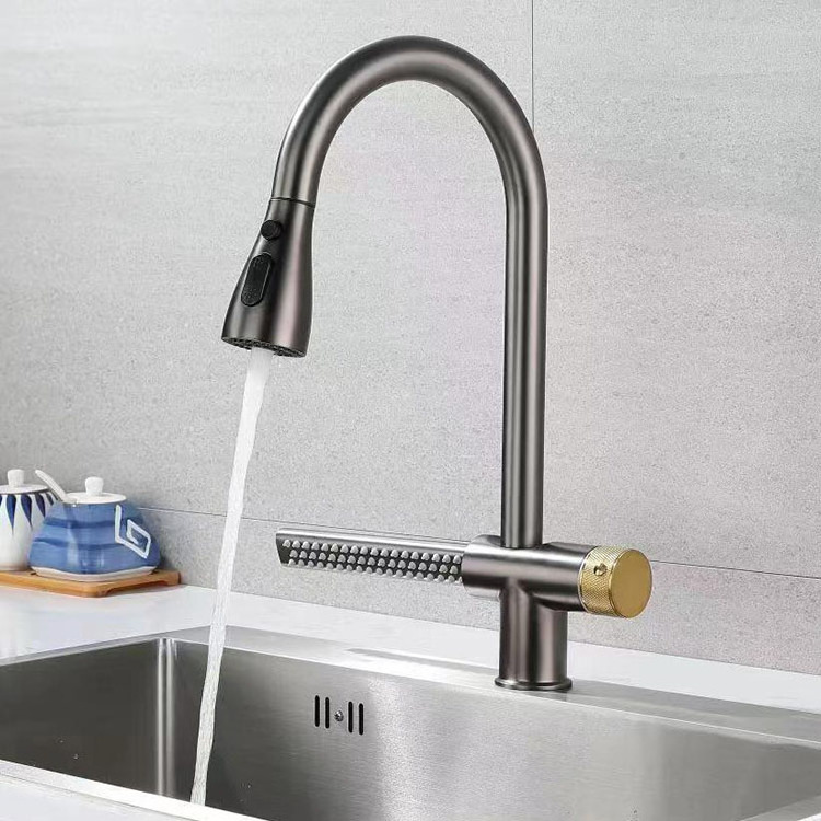 360 Degree Gun Metal Silver Black Waterfall Stainless Steel Pull Out Spray Kitchen Sink Faucet