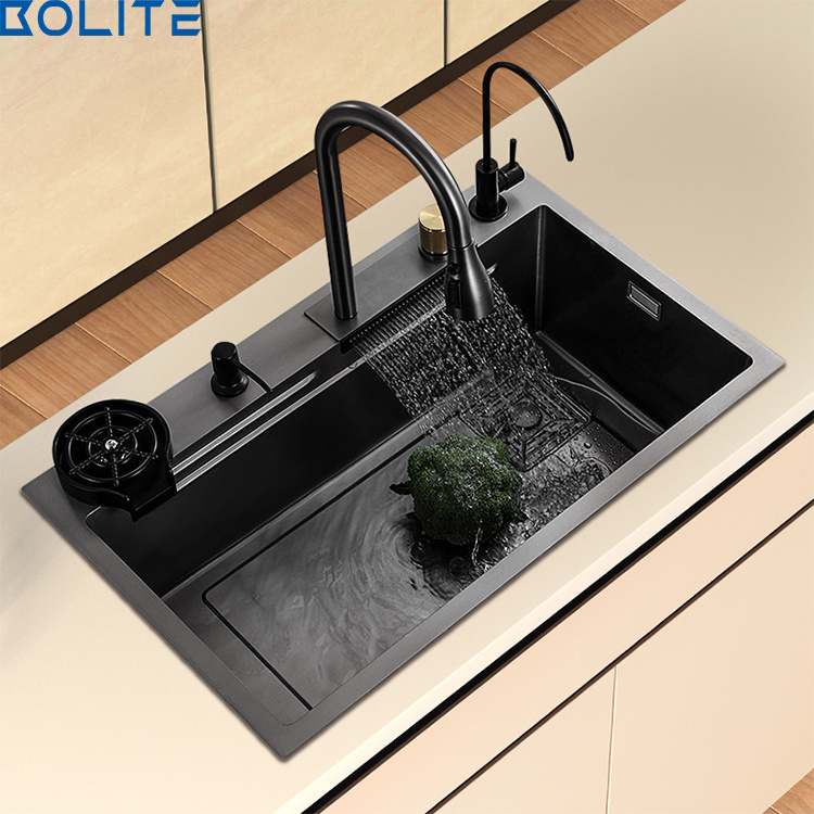 Fashionable Customized Stainless Steel Sink Waterfall Faucet Sus304 Manual Nano Kitchen Sink