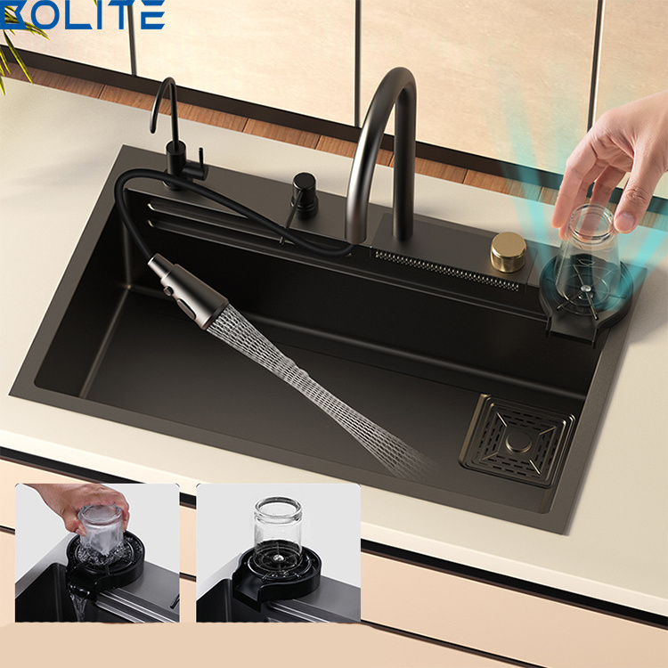 Fashionable Customized Stainless Steel Sink Waterfall Faucet Sus304 Manual Nano Kitchen Sink