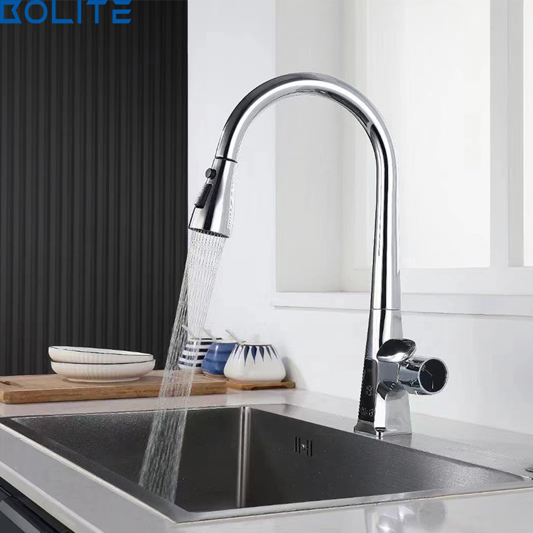 Manufacturer Customized New Design Pull Out Brass Cold And Hot Digital Display Kitchen Sink Faucet