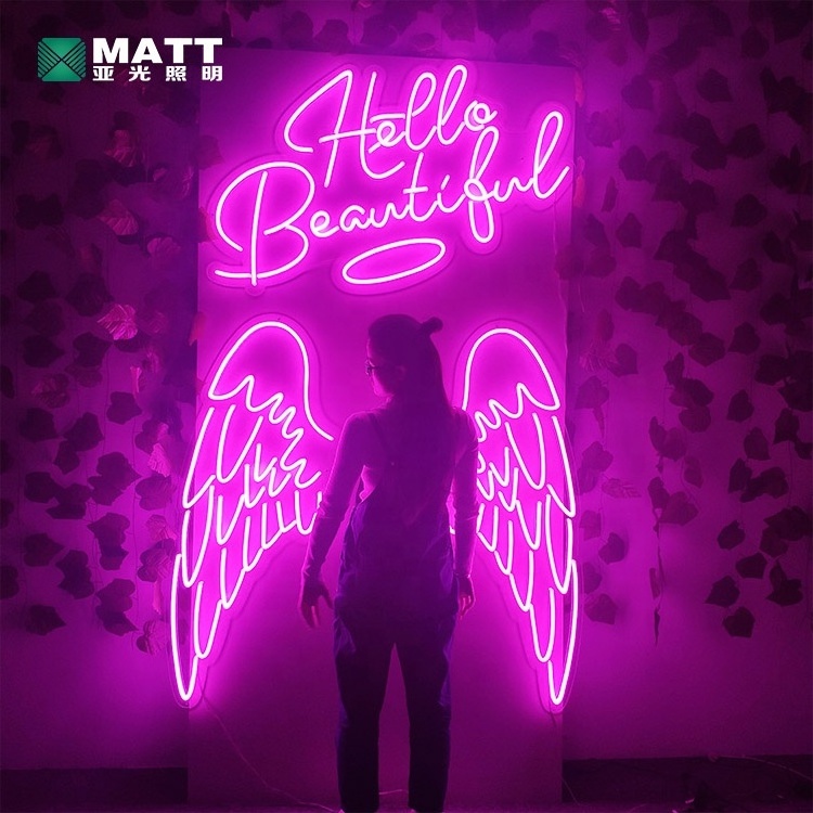 Matt Dropshipping Remote control Hello Beautiful LED custom angel wings Neon sign for wall decor