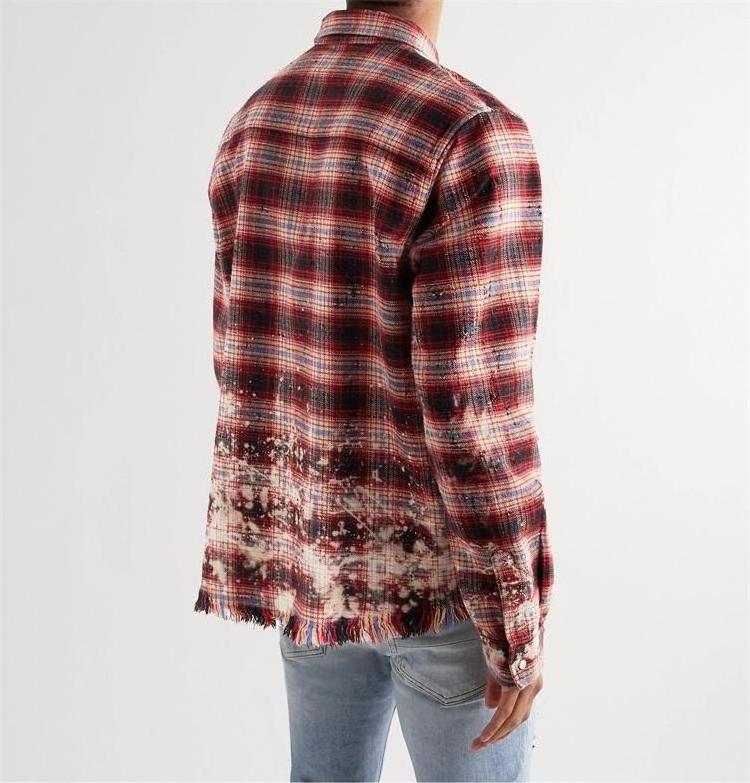 Custom Oversized Distressed Checked Cotton Flannel Mineral Acid Wash Used Ripped Shirt For Men