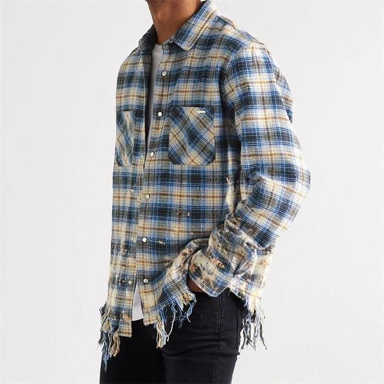 Custom Oversized Distressed Checked Cotton Flannel Mineral Acid Wash Used Ripped Shirt For Men