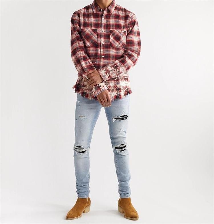 Custom Oversized Distressed Checked Cotton Flannel Mineral Acid Wash Used Ripped Shirt For Men