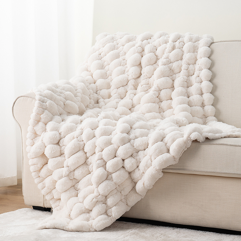 Bouncing Bubbles Blanket Elegant White Super Soft Double Layer Ruched Faux Fur Micro Mink Lined Throw Blankets