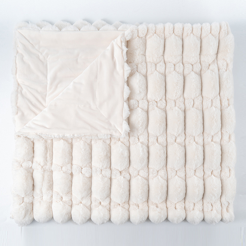 Bouncing Bubbles Blanket Elegant White Super Soft Double Layer Ruched Faux Fur Micro Mink Lined Throw Blankets