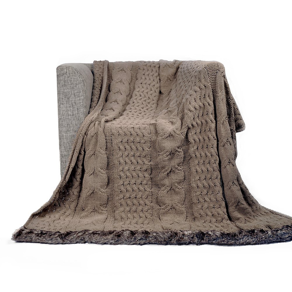 Camel Cable Knitted Luxury Chenille Throw Blanket with Faux Fur Serging Both Ends