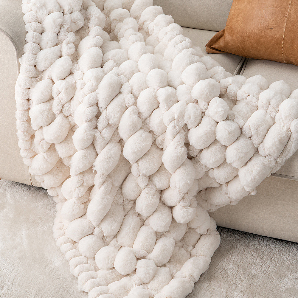 Bouncing Bubbles Blanket Elegant White Super Soft Double Layer Ruched Faux Fur Micro Mink Lined Throw Blankets