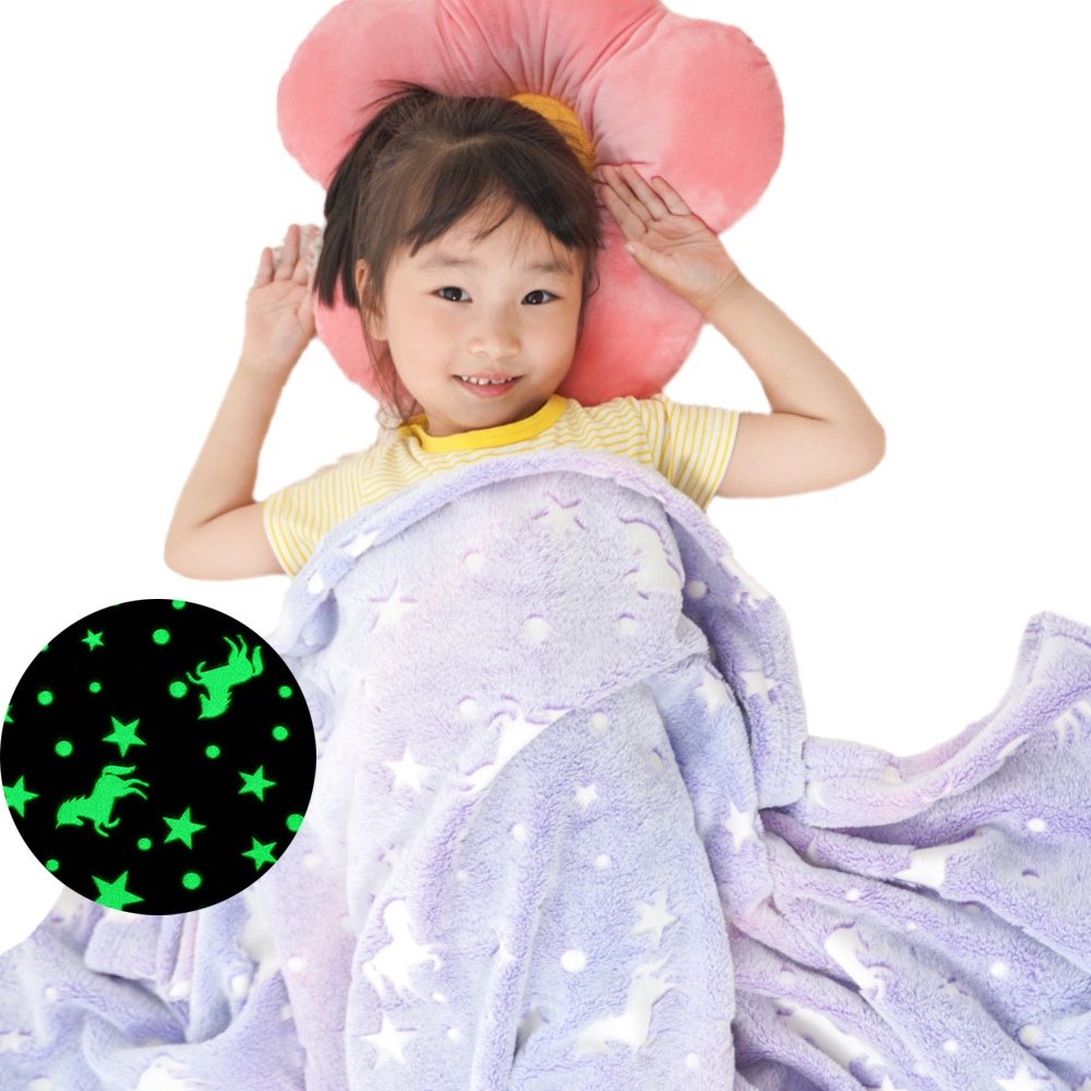 Free Sample Funny Unicorn Star Glow Dark Luminous Flannel Fleece Throw Fluorescent Kids Glowing Blanket Glow In The Dark Blanket