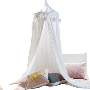 Folded Kids Baby Seersucker Canopy Tent Bed Curtain Cribs Mosquito Net Baby Mosquito Net with Stand with Big Pompoms for Home