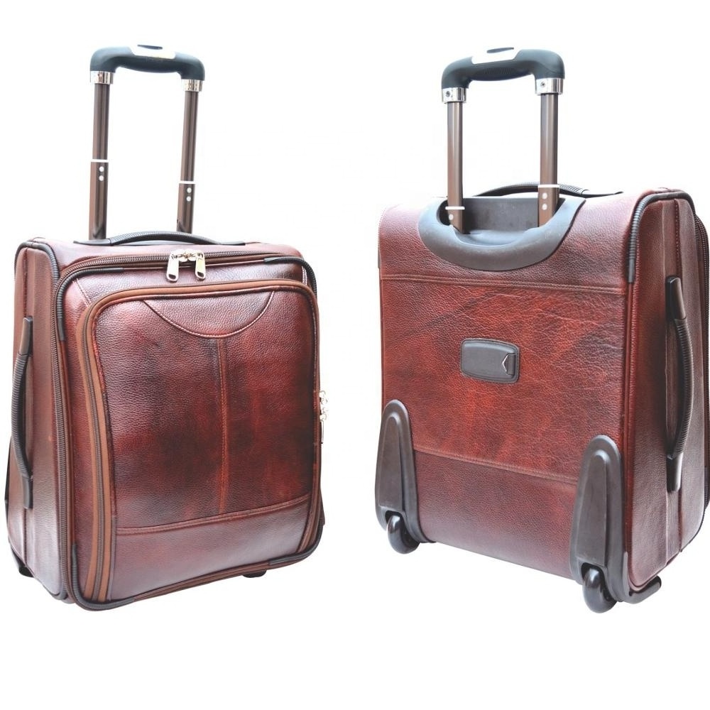 Customized Wholesale 100% Genuine Leather Travel Trolley Luggage Bag for Men Women Leather Suitcase Travel Trolley Bag