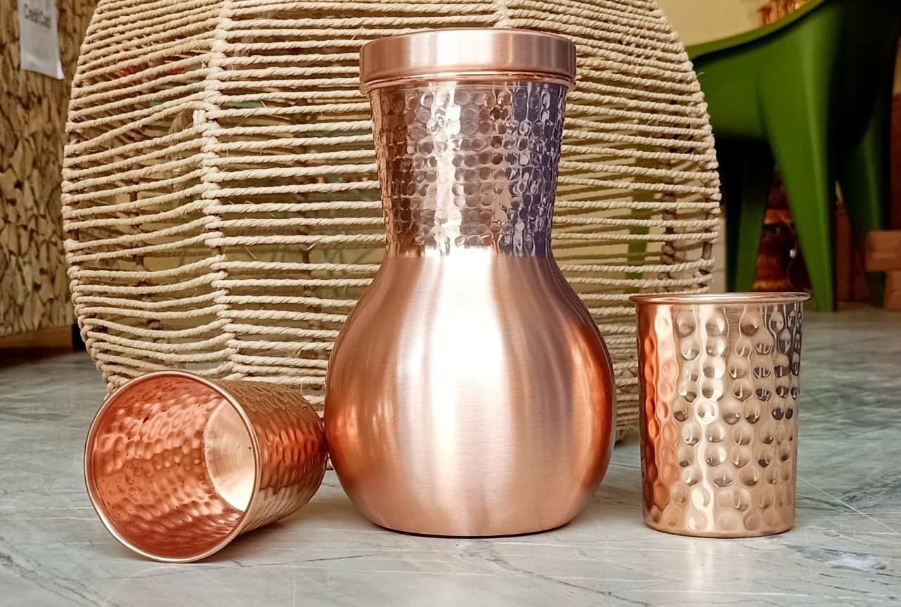 Modern New Shape Copper Water Jug Benefit Good Health Copper Jug for Milk Copper Hammered Sugar pot or Carafe or Bedside Pot