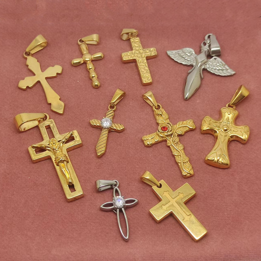 Wholesale 14k 18k gold plated stainless steel christian religious jesus charm crucifix cross pendant for women men