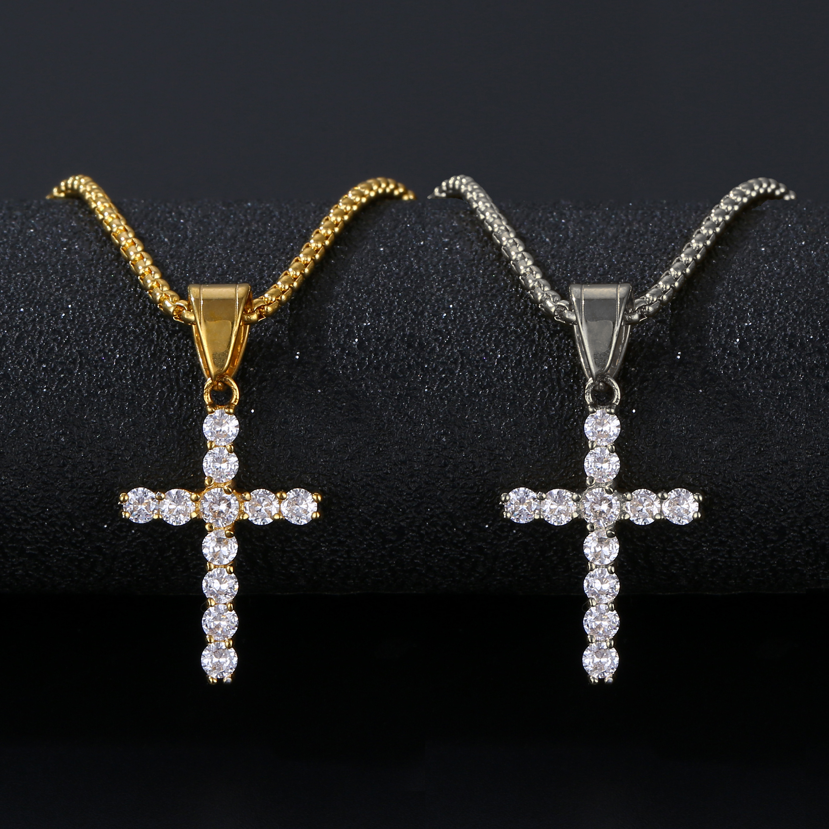 Hiphops Rhinestone Cz Gold Cross Christ Pendant Necklace For Men Women Stainless Steel Iced Out Tennis Cross Necklace Jewelry