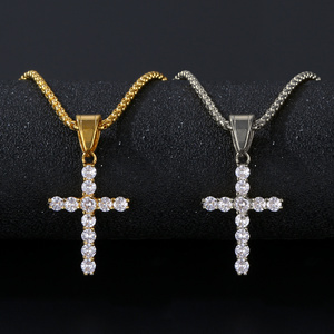 Hiphops Rhinestone Cz Gold Cross Christ Pendant Necklace For Men Women Stainless Steel Iced Out Tennis Cross Necklace Jewelry