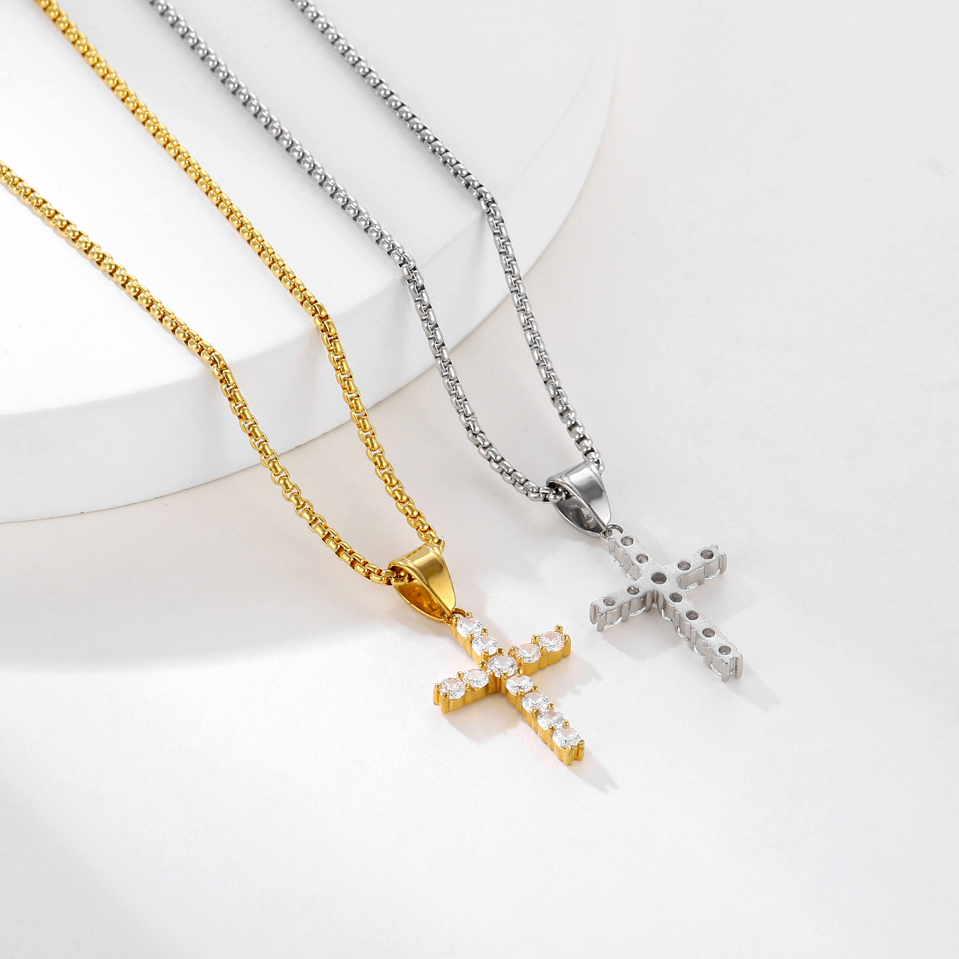 Hiphops Rhinestone Cz Gold Cross Christ Pendant Necklace For Men Women Stainless Steel Iced Out Tennis Cross Necklace Jewelry