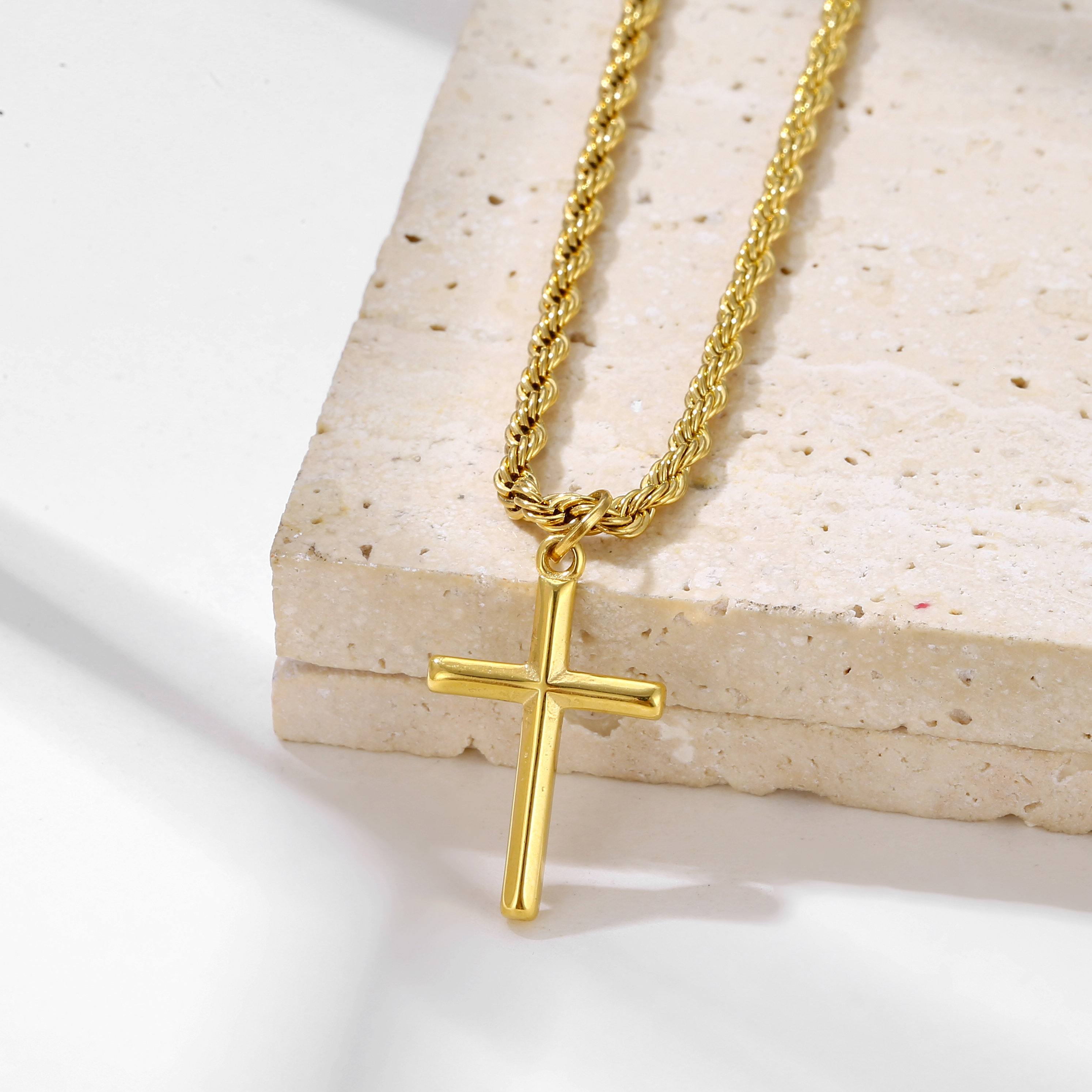 Custom Waterproof Jewelry Cross Necklace Men Pendant Rope Chain Stainless Steel 25mm Bevel Cross Crucifix Pendant Necklace