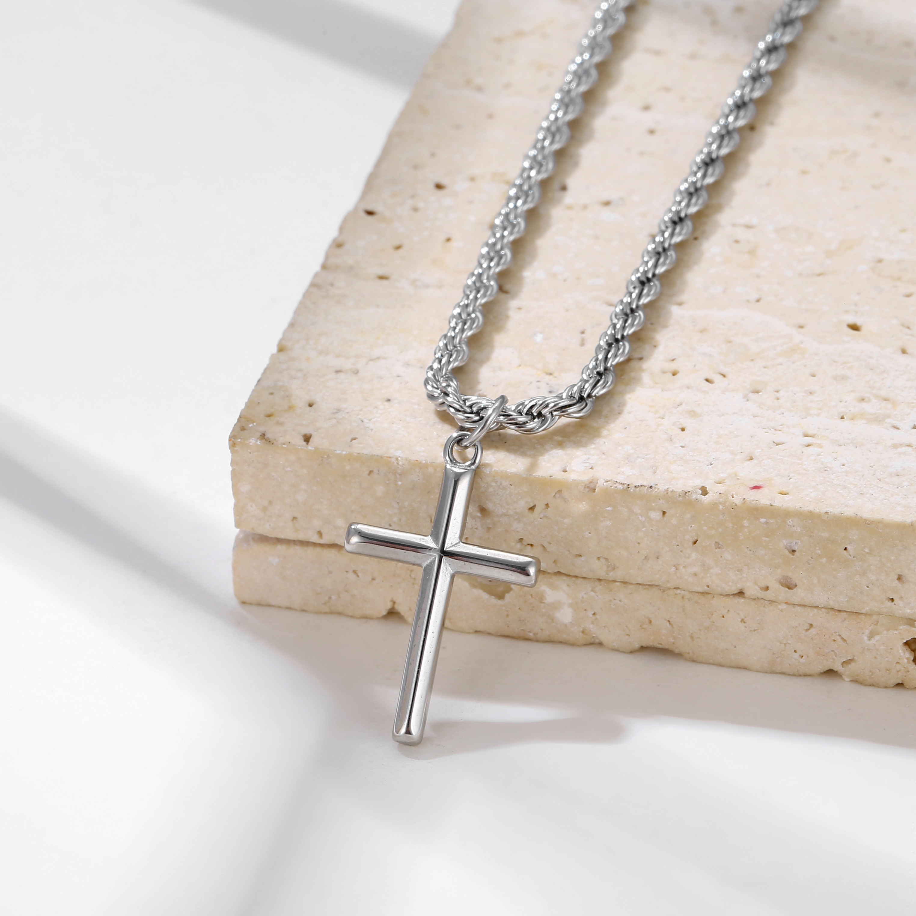 Custom Waterproof Jewelry Cross Necklace Men Pendant Rope Chain Stainless Steel 25mm Bevel Cross Crucifix Pendant Necklace