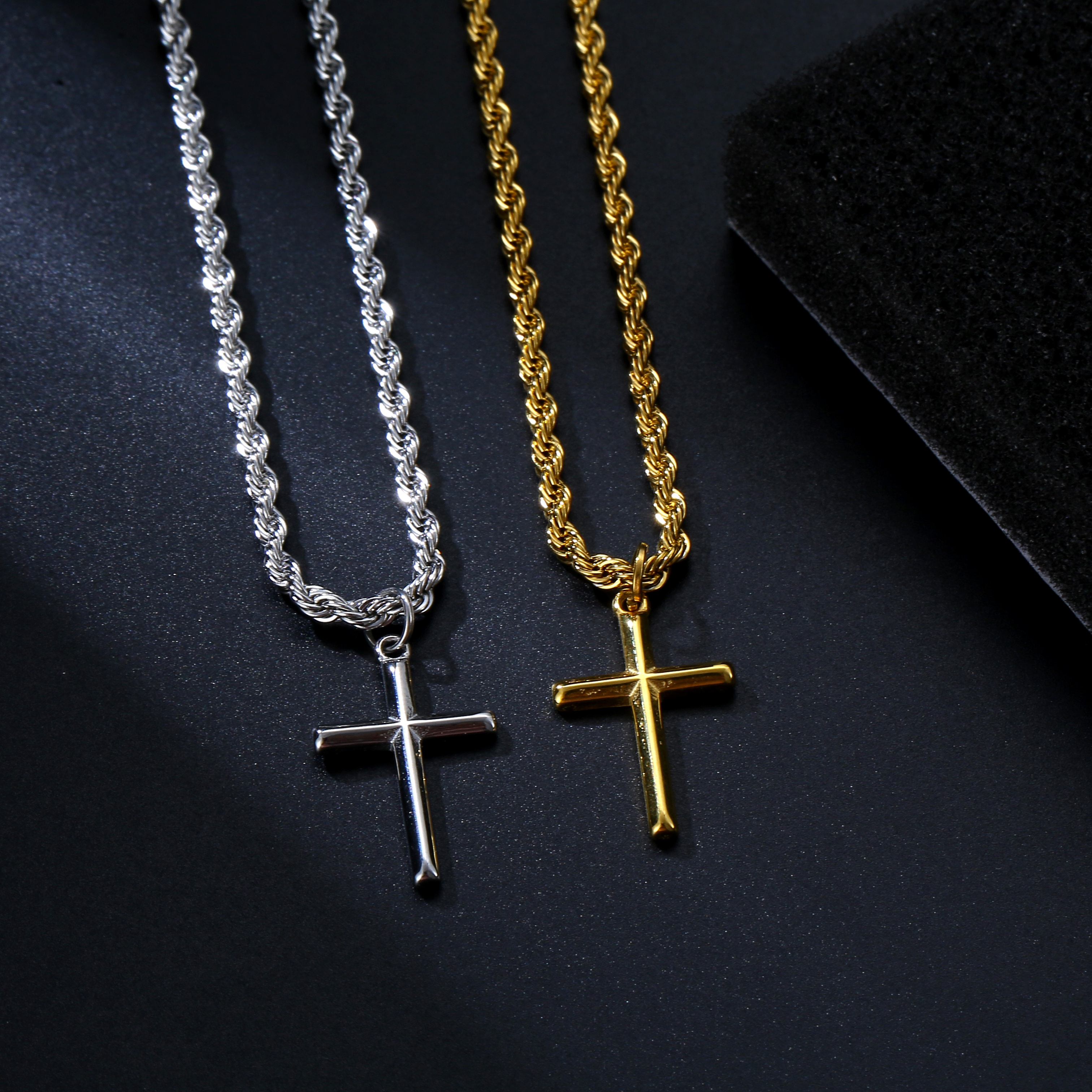 Custom Waterproof Jewelry Cross Necklace Men Pendant Rope Chain Stainless Steel 25mm Bevel Cross Crucifix Pendant Necklace