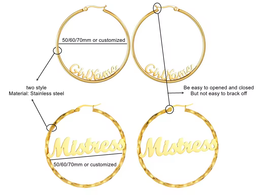 Fashion 18K Gold Plated Hoop Earrings Custom 30mm 50mm 60mm Stainless Steel Personalized Name Round Hoop Earring for Women Girl