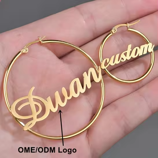 Fashion 18K Gold Plated Hoop Earrings Custom 30mm 50mm 60mm Stainless Steel Personalized Name Round Hoop Earring for Women Girl