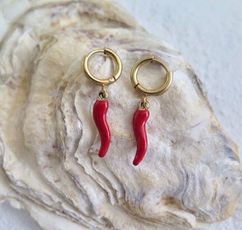 Women Hoop Dangle Italian Horn Cornicello Earring Red Hot Chilli Pepper Earrings Stainless Steel Fashion Chilli Charm Earrings