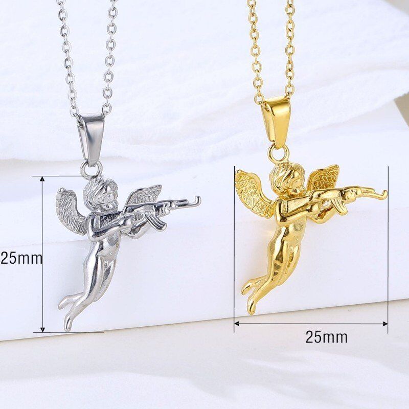 Hiphops Stainless Steel Angel Gun Jewelry 316 Gold Plated Rope Chain Women Men 3D Revenge Angel Pendant Necklace