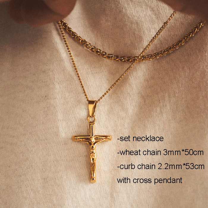 Vintage Compass Set Necklace Custom Layered Necklace For Men Stainless Steel Cuban Rope Chain Religious Cross Pendant Necklace