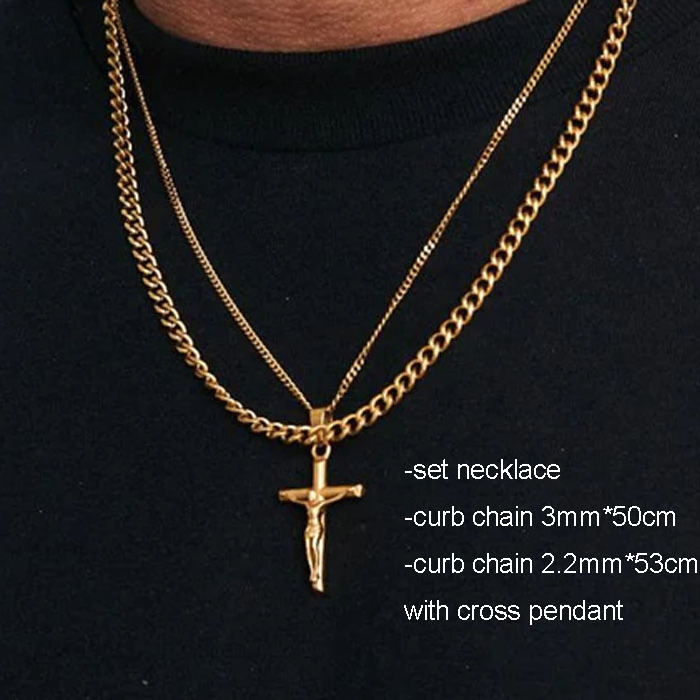 Vintage Compass Set Necklace Custom Layered Necklace For Men Stainless Steel Cuban Rope Chain Religious Cross Pendant Necklace