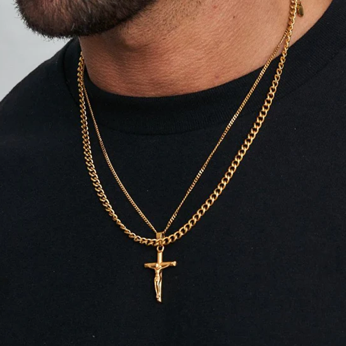 Vintage Compass Set Necklace Custom Layered Necklace For Men Stainless Steel Cuban Rope Chain Religious Cross Pendant Necklace