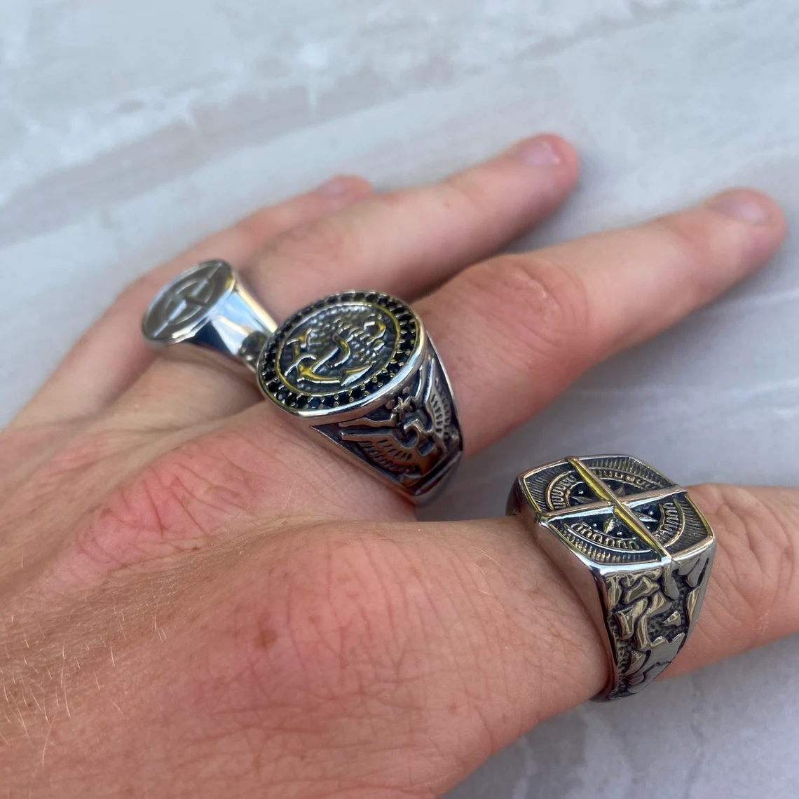 Mens Compass Signet Ring Non Tarnish Gold Jewelry Stainless Steel Arrow Statement Viking Vintage North Star Ring For Men