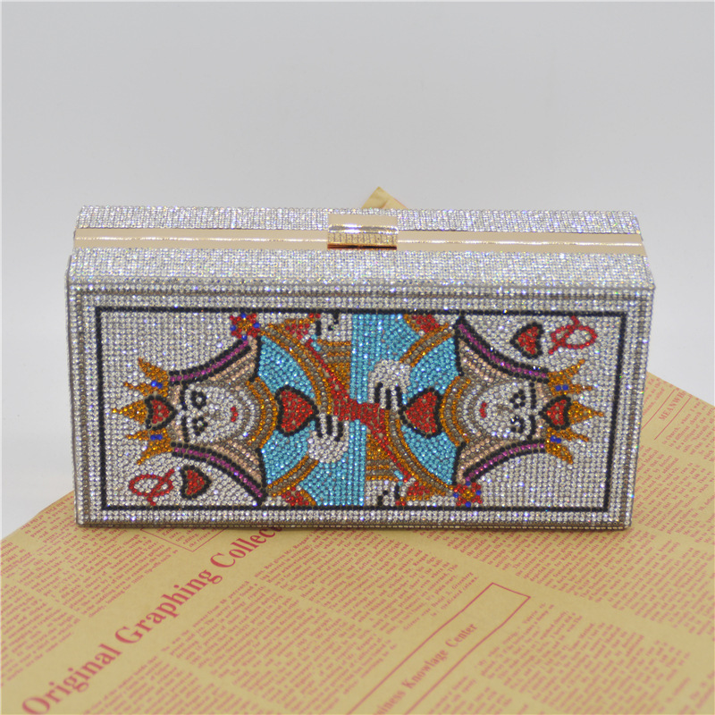 Luxury fashion trendy Red Heart Queen Card glitter pink bling rhinestone crystal diamond  bag clutch purse